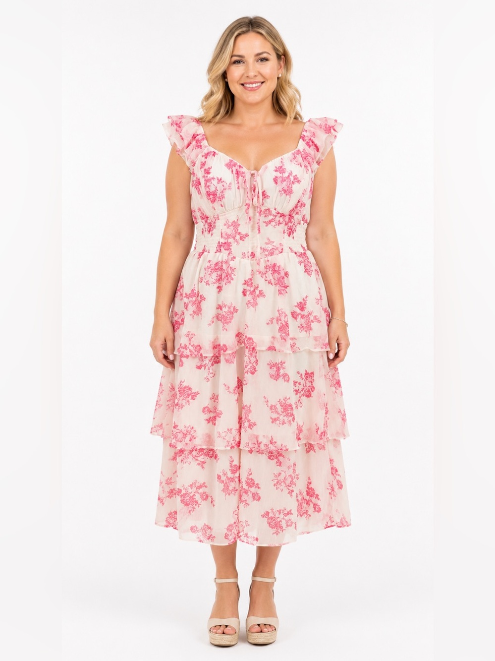 HINT OF BLUSH Floral Smocked Tiered Midi Dress Women’s XL NWT